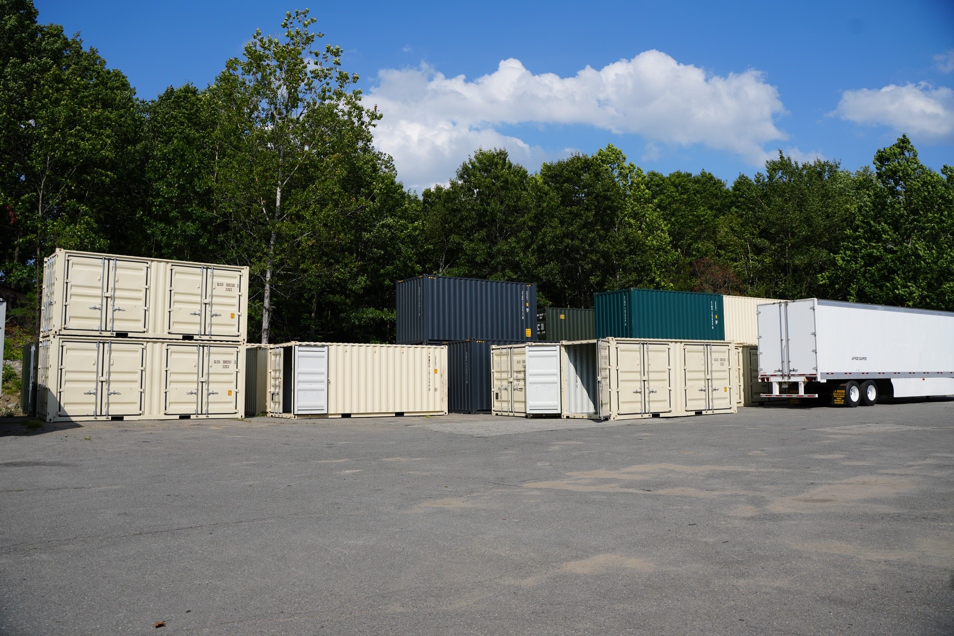 Shipping containers and trailers lined up at the JP Rivard yard in Pepperell, MA
